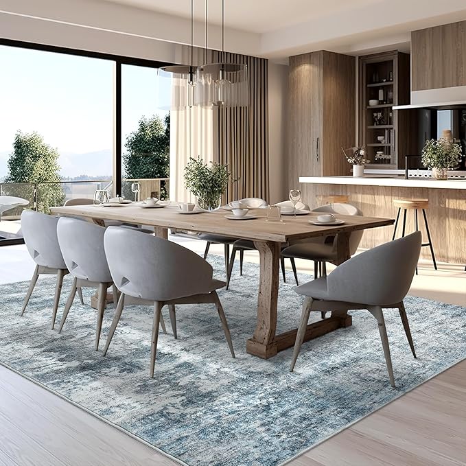 Area Rug 6x9 Abstract Rugs for Living Room 6 x 9 Washable Rugs Blue Non Slip Low Pile Rugs for Bedroom Dining Room Foldable Thin