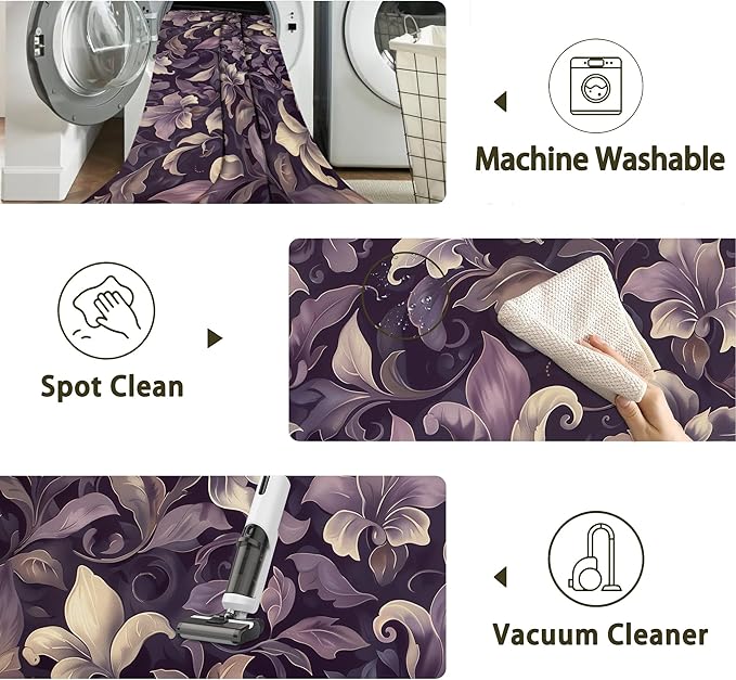 Purple Luxury Floral Texture Rug for Living Room 5x7, Low Pile Non-Slip Backing, Machine Washable Easy Fold Rug for Home, Office, Dorm Room