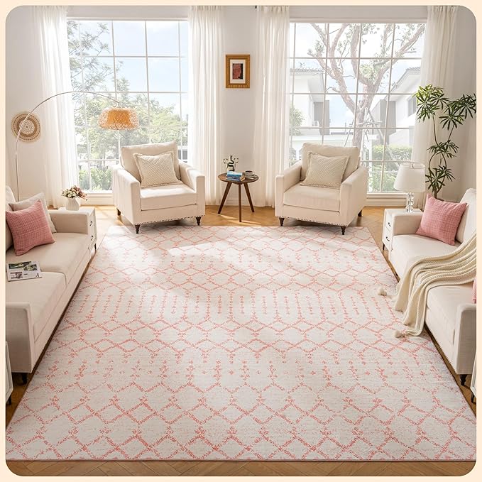 Istana Living Room Rug 10x14 - Pink 10 x 14 Area Rug - Foldable Machine Washable Area Rugs 10x14 - Stylish 10x14 Area Rugs Boho - Stain Resistant Washable Rug 10x14