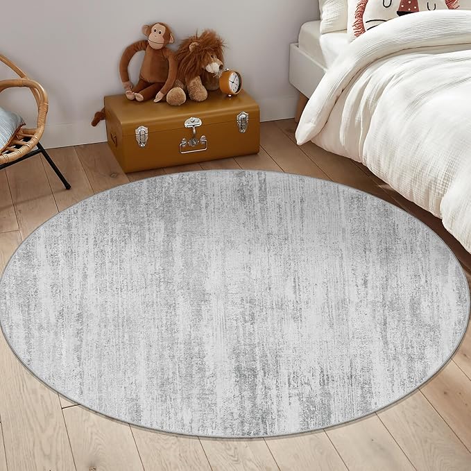 MUJOO Round Rugs 5ft,Circle Area Rug Washable,Circular Rugs for Living Room Dining Room,Modern Abstract Non Slip Throw Carpet Accent Neutral Grey
