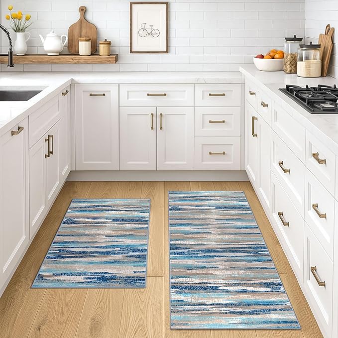 Modern Abstract Kitchen Rug Set of 2, 2x3 and 2x5 Blue Washable Rug Runner Non Slip Kitchen Mat, Soft Faux Wool Throw Carpet for Entryway, Hallway, Bedroom, Bedside, Laundry Room, Office
