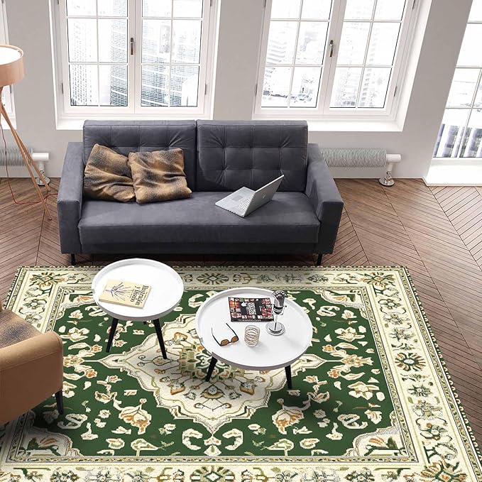 Green Bohemian Rectangular Area Rugs for Living Room Bedroom 5 x 6.9 ft Vintage Farmhouse Floral Pattern Non-Shedding Soft Low Pile Rug Non Slip Washable Rug for Nursery Entryway Playroom
