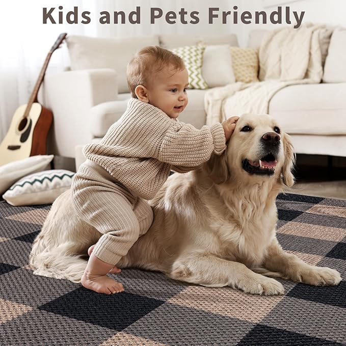 Tangsoo Checkered Easy Jute Rug 5x7 Large Washable Area Rug for Dining Room,Non-Slip Black Grey Indoor Outdoor Rug,Modern Thin Mat Outdoor Carpet for Living Room Bedroom Patio