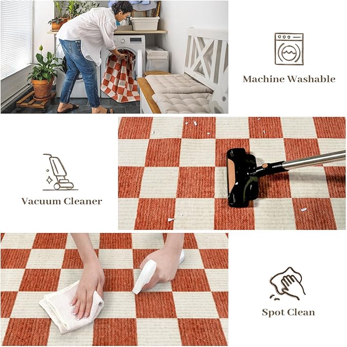 Machine Washable 5x7 Area Rugs for Living Room Checkered, Non Slip Soft Low Pile Farmhouse Halloween Modern Neutral Playroom Boys Rugs for Bedroom, Large Carpet Rugs for Dining Room(Orange,5'x7')