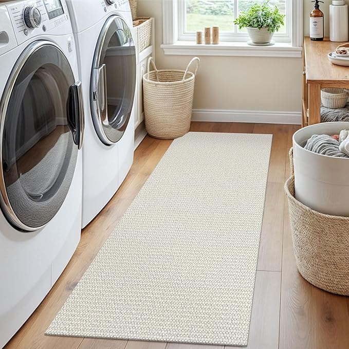 EARTHALL Woven Runner Rug 2x5 Ft Washable Runners for Hallways Cotton Rubber Backed Kitchen Runner Braided Indoor Floor Carpet Runners for Entryway, Hallway, Kitchen, Bedroom, Cream/Grayish