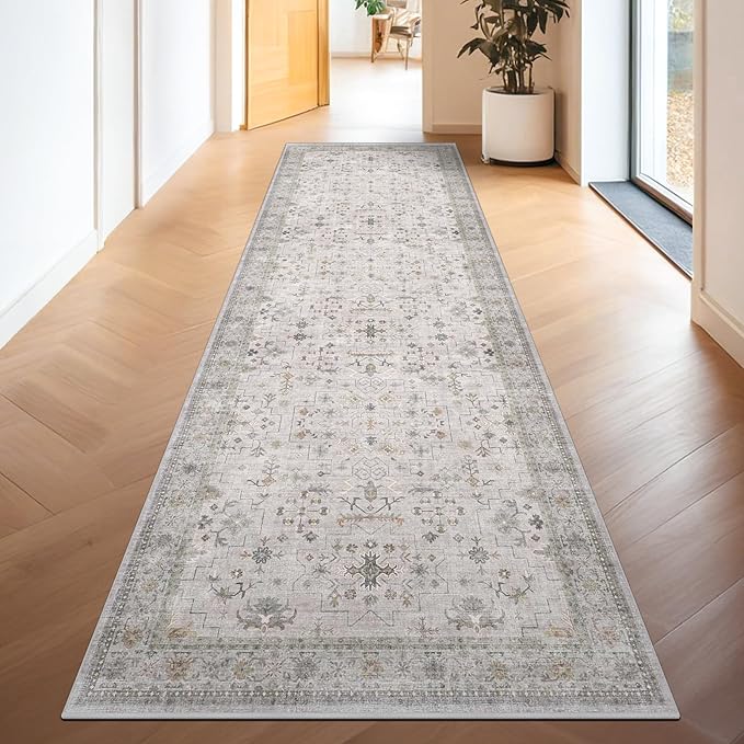 Light Gray Washable 2'6"x10' Wide Hallway Runners, Kitchen Runner Rug, Non-Slip & Stain Resistant 10ft Long Floor Rug, Neutral Boho Floral Décor