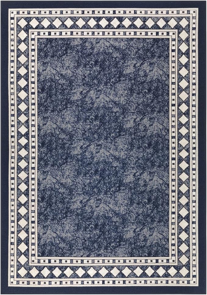Antep Rugs Alfombras Modern Bordered 3x5 Non-Skid (Non-Slip) Low Profile Pile Rubber Backing Indoor Area Rugs (Navy Blue, 3' x 5')