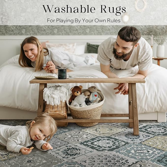 Phantoscope Washable Area Rug 8'x10' Non-Slip, Vintage Boho Rugs for Living Room, Bedroom, Dining Room, Distressed Moroccan Mosaic Diamond Pattern, Low-Pile Foldable Floor Carpet, Grey Charcoal