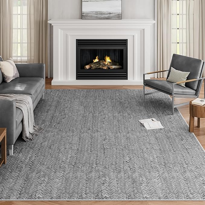 Eleisa Modern Vintage 6x9 Herringbone Chevron Area Rug for Living Room, Light Grey, Non-Slip Stain Resistant Washable Rug, Farmhouse Home Decor Carpet for Bedroom, Kitchen, Dining Room