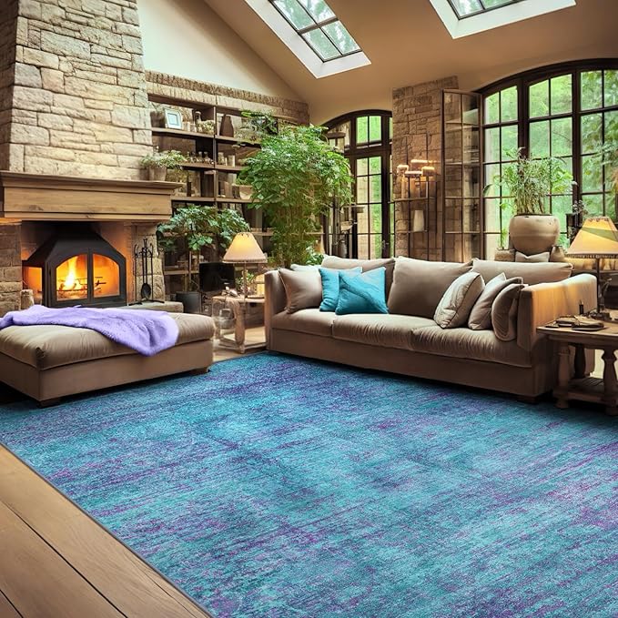9x12 Abstract Area Rugs for Living Room, Modern Teal Purple Washable Indoor Rug for Bedroom, Soft Large Non-Slip Carpet for Dining Room Home Office Farmhouse Decor - Teal+Purple
