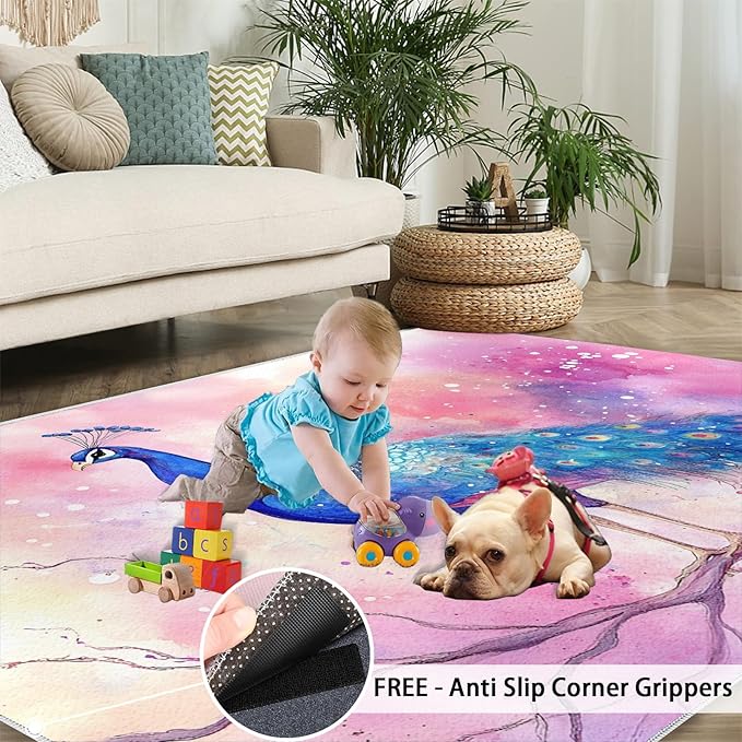 Peacock Rugs for Living Room - 5x8 Rug, Fantasy Peacock Area Rugs for Bedroom, Peafowl Rug, Girls Room Washable Carpet, Aesthetics Carpet - Peafowl Home Decor & Gifts