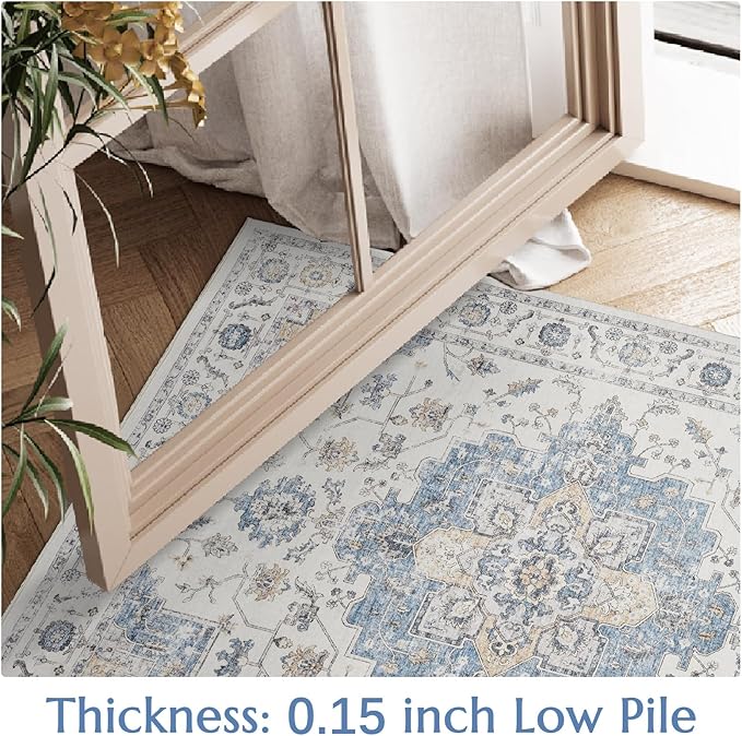 jinchan Area Rug 5x7 Vintage Washable Bedroom Rug Floral Medallion Lightweight Non Slip Thin Retro Classic Soft Boho Floor Cover Farmhouse Carpet for Living Room Dining Room Kitchen Blue