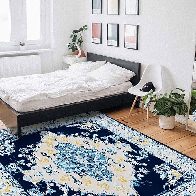 Bohemian Pattern Rectangular Area Rugs for Living Room Bedroom 5 x 8 ft Blue & Yellow Abstract Non-Shedding Soft Low Pile Rug Non Slip Washable Rug for Nursery Entryway Playroom