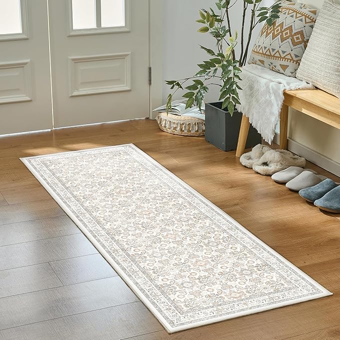 WITSHOCK 2x6 Runner Rugs for Hallways,Vintage Neutral Hallway Rugs for Entryway,Soft Distressed Boho Floral Carpet for Kitchen Bedroom (Camel/Beige,2x6)