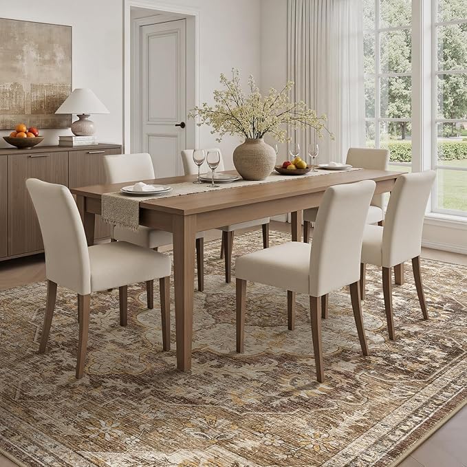 tchdio 8x10 Area Rugs for Living Room, Vintage Non Slip Washable Rug, Soft Low Pile Area Rug Large Floor Indoor Carpet for Bedroom, Dining Room, Office (Brown, 8'x10')
