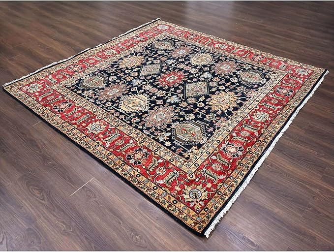 Black Vegetable Dyes Wool Soft Pile Karjihooz Design with All Over Pattern Hand Knotted Square Oriental Rug (8'x8')