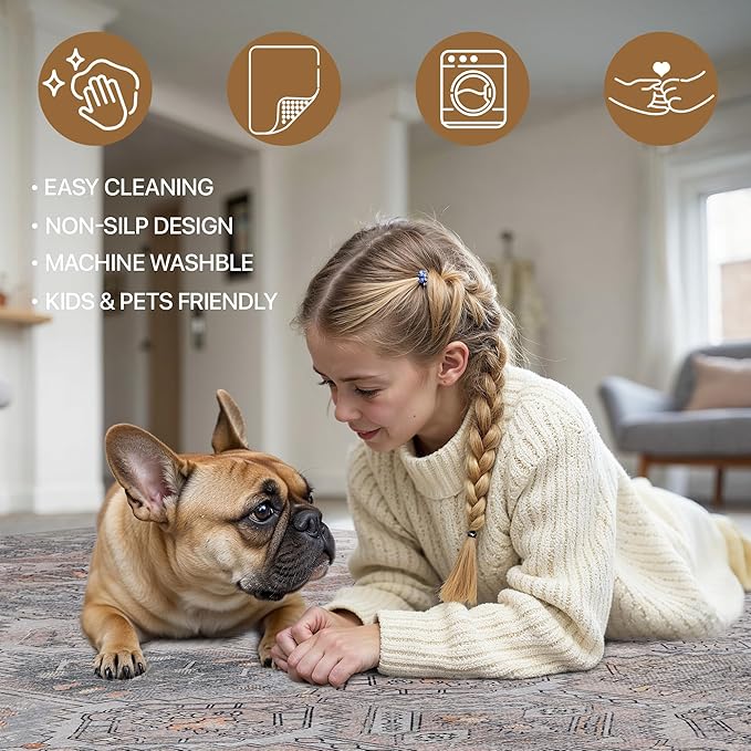 Bavni 2x3 Entryway Rug Bathroom Rugs for Front Door Bedroom Bathroom Kitchen, Washable Vintage Print Carpet, Ultra-Thin Chenille Lightweight Rug with Non Slip Backing, Retro Grey