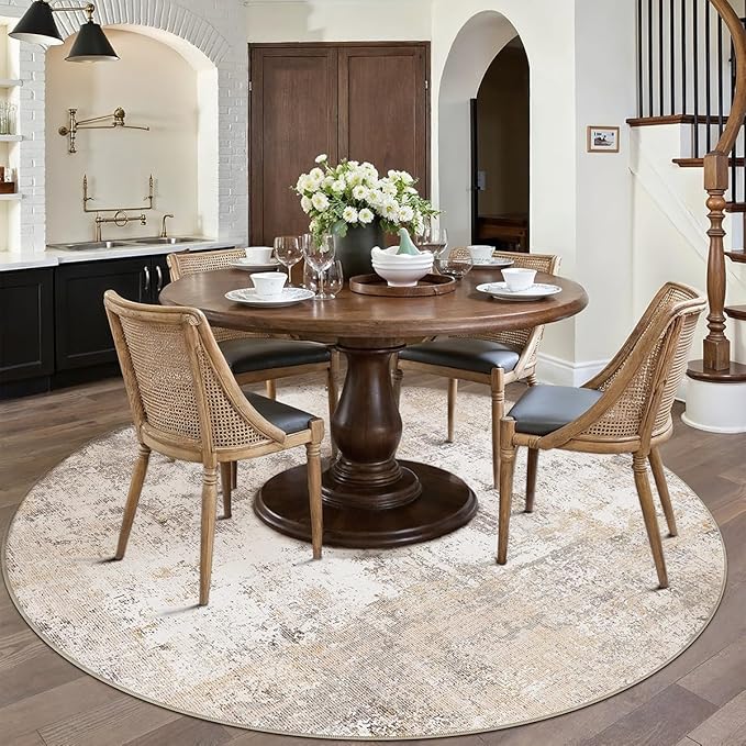 5x5 Washable Round Rug Beige Grey Abstract Living Room Bedroom Area Rug Neutral Modern Non Slip Soft Low Pile Indoor Carpet for Dining Room Office Entryway