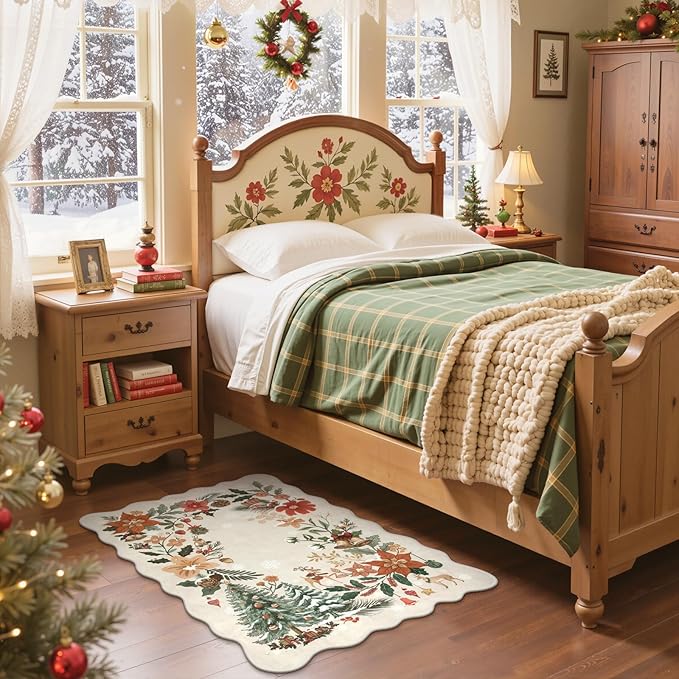 Lahome Floral Christmas Rug, 2x4 Washable Christmas Kitchen Rugs Indoor Ultra-Thin, Soft Christmas Rugs for Entryway Door Mat Holiday Rugs for Bathroom Bedroom, Beige/Multi