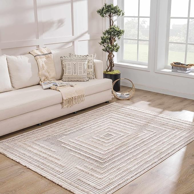 Hauteloom Lunao Farmhouse Living Room Bedroom Moroccan Square Pattern Abstract Runner Rug - Soft Shaggy High Low Carpet - High Pile - Bohemian, Boho - Gray, Brown, Beige, Cream - 2'7" x 7'3"