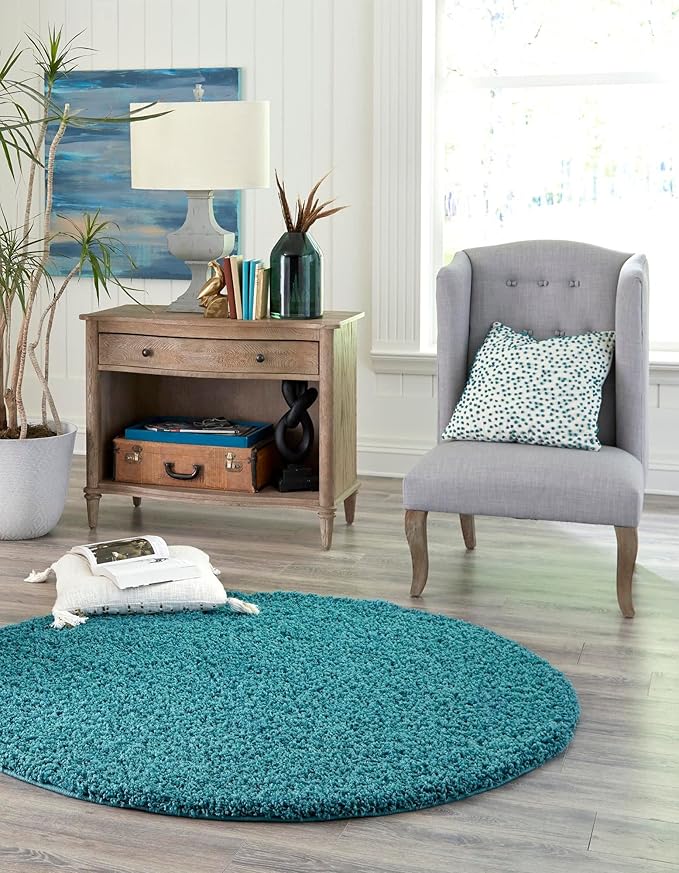 Unique Loom Solid Shag Collection Area Rug (7' 1" Round, Deep Aqua Blue)