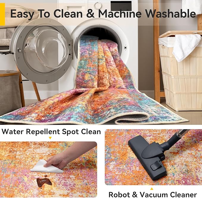 Washable Area Rugs 9'x12' Non-Slip Modern Abstract Soft for Living Room Entryway Bedroom Nursery, Print Pattern, Orange Blue Pink Yellow Colorful