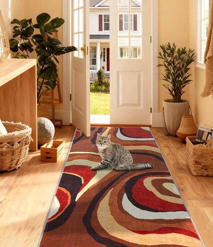 YIHOUSE Burnt Orange Runner Rug 2x6 for Hallway,Farmhouse Brown Retro Carpets Washable,Geometric Abstract Wavy Rug,Unique Colorful Rugs for Dining Room,Kitchen,Bedside Rugs