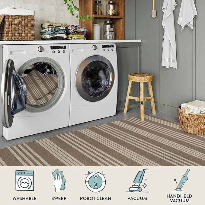 Lahome Striped Non Shed Easy Jute Rug, 5x7 Large Living Dining Room Rug Washable Outdoor Patio Rug, Farmhouse Neutral Non Slip Stain Resistance Indoor Outdoor Carpet for Sunroom Bedroom, Khaki