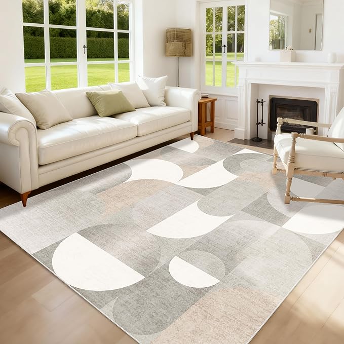 5x7 Area Rugs Grey Washable Rug for Living Room Bedroom,Large Modern Geometric Non Slip Carpet for Dining Room Farmhouse Office,Beige