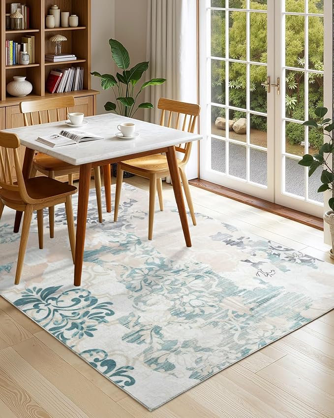 Washable Abstract Rug, 9x12 Ivory and Aqua Floral Area Rugs with Non-Slip Rubber Backed for Living Room, Low Pile Modern Throw Carpet Bedroom Dining Room Decor