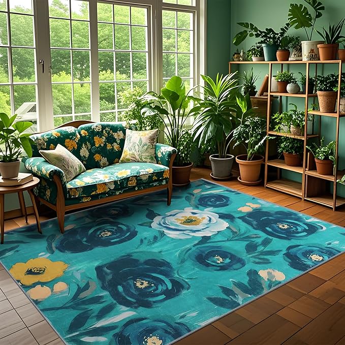 6x9 Camellia Floral Rugs, Modern Washable Flower Pattern Area Rug for Bedroom, Soft Large Non-Slip Kitchen Carpet Floor Door Mat for Living Room Dining Room Office - Teal