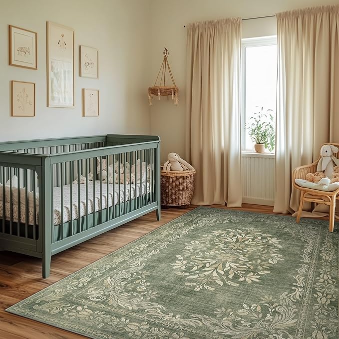 jinchan Green Floral 5x7 Area Rugs for Living Room - Machine Washable Distressed Vintage Design Soft Low-Pile Non-Slip Carpet for Dining Room Bedroom Home Office Nursery (5x7ft,Dark Green)