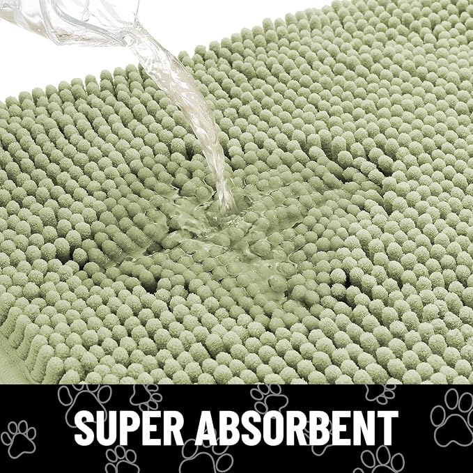 Smiry Dog Door Mat for Muddy Paws, Absorbent Dirt Trapper Non Slip Quick Dry Washable Chenille Mat for Mud Dogs, Entry Rug for Indoor and Outdoor (24x16 Inches, Sage Green and White)