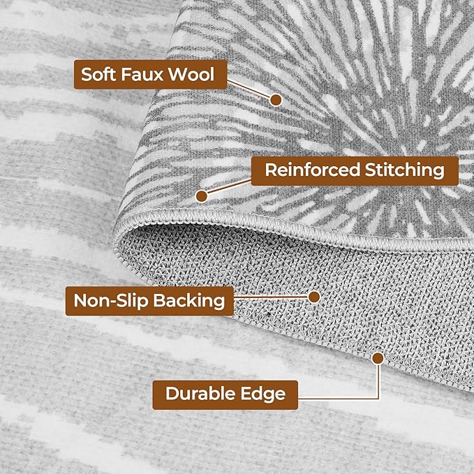 WITSHOCK 5x7 Washable Rug for Living Room,Modern Floral Distress Print Pattern Area Rugs,Stain Resistant with Non Slip Backing Carpet for Dining Room,Bedroom & Home Decor,Grey White