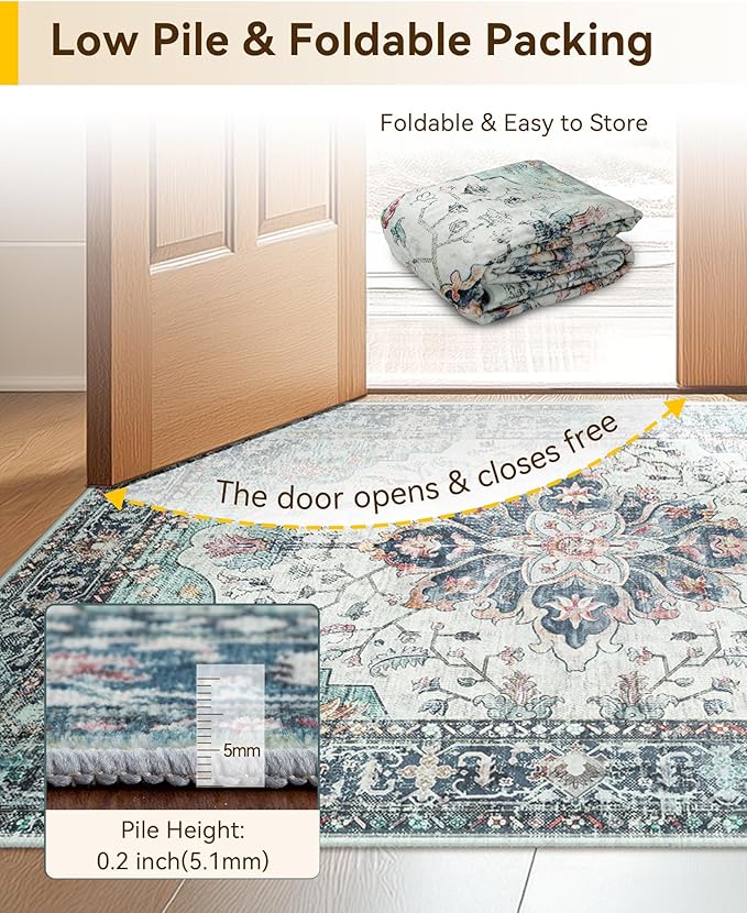 Area Rugs 2'x3' Washable Non-Slip, Floral Vintage Distress Print Pattern Medallion Carpet for Living Room Bedroom Dining Room, Green Navy Blue White Red Teal Colorful