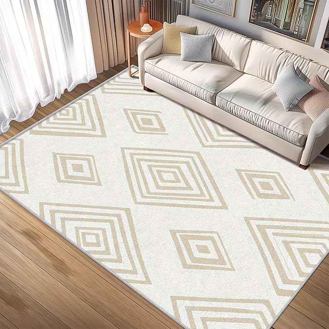 Washable 4x5 Modern Geometric Rug Living Room, Beige Abstract Diamond Design Area Rugs for Bedroom, Modern Geometric Home Decor Carpet, Low Pile, Non Slip, Kids & Pet Friendly (N4177)