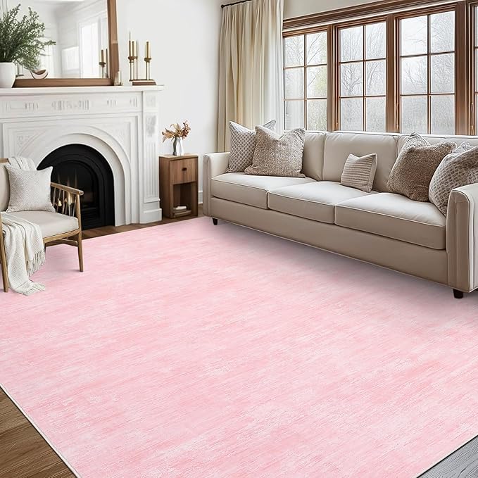 RUGSREAL Washable Rug 10x13 for Living Room Modern Abstract Area Rug Non-Slip Large Contemporary Bedroom Rug Stain Resistant Aesthetic Accent Floor Carpet Foldable Solid Rug for Home Office, Pink
