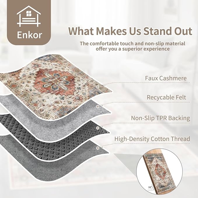 Enkor Runner Rugs for Hallway, 2x6 Washable Soft Non Slip Floor Rugs for Kitchen, Modern Mat for Living Room Bedroom Entryway Beige & Red