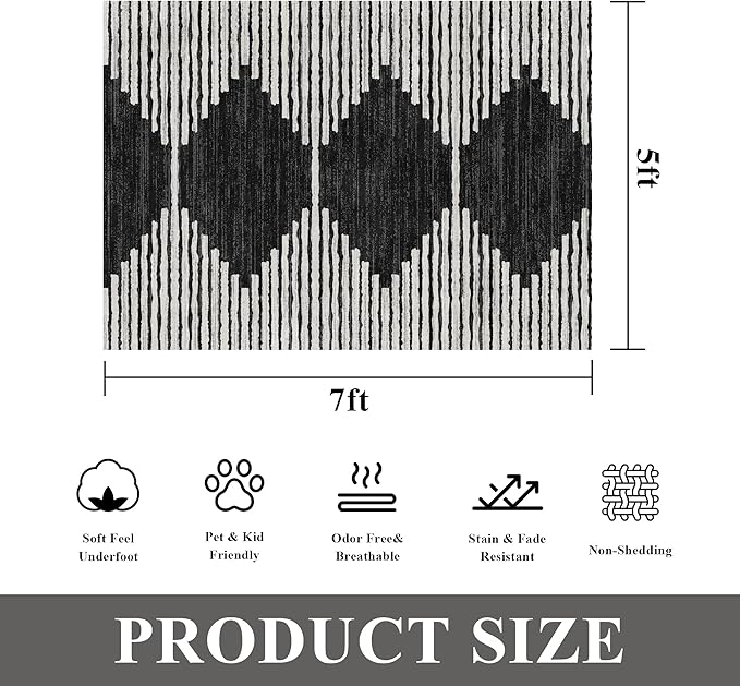 HelloTree Area Rug for Living Room Washable Geometric Moroccan Rug Stripe Farmhouse Bohemian Minimalistic Non Slip Non Shedding Ultra Thin Soft Rug for Bedroom Office DiningRoom Nursery-Black 5'x7'