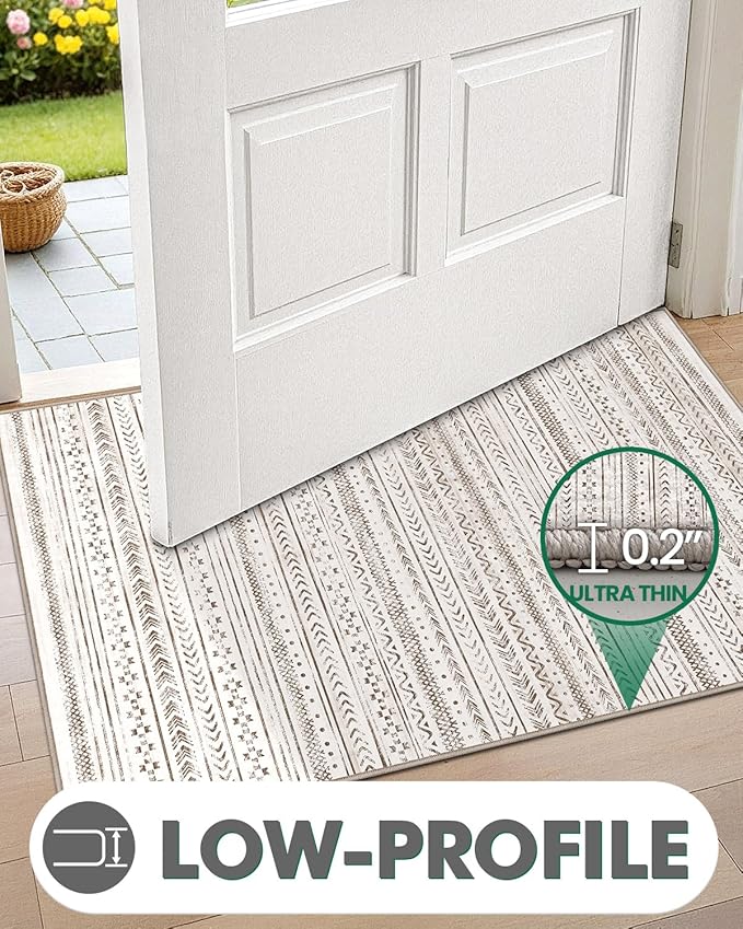 LUMI Ultra Thin Door Mat, 36x59 Non Slip Indoor Doormat Entrance Washable Rugs Entryway Oriental Vintage Soft Carpet for Kitchen Bedroom Front Door, White and Brown