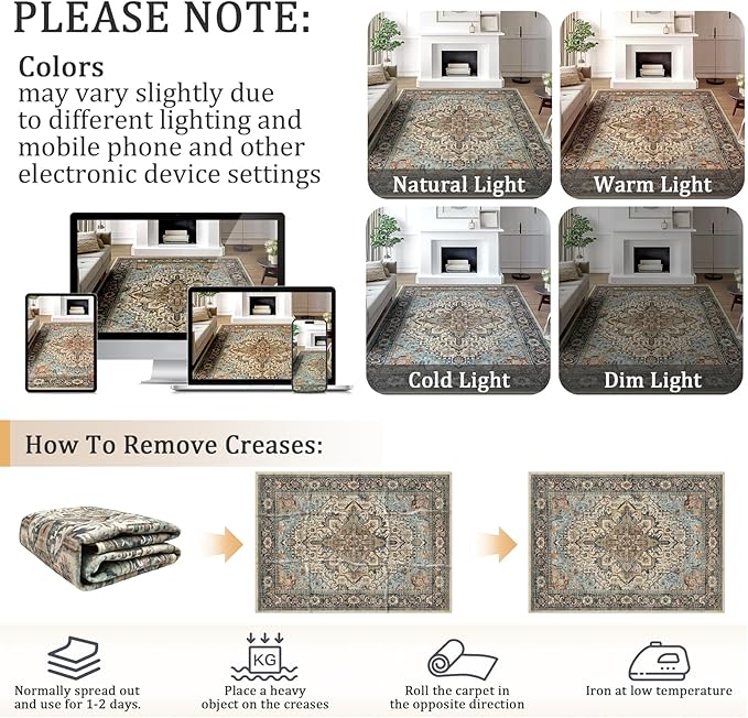 4x6 Machine Washable Area Rug for Living Room, Blue Beige Boho Vintage Floral Rug Large Non-Slip Low Pile Soft Faux Wool Carpet, Kids and Pets Friendly for Bedroom Dining Room Farmhouse Decor Rug