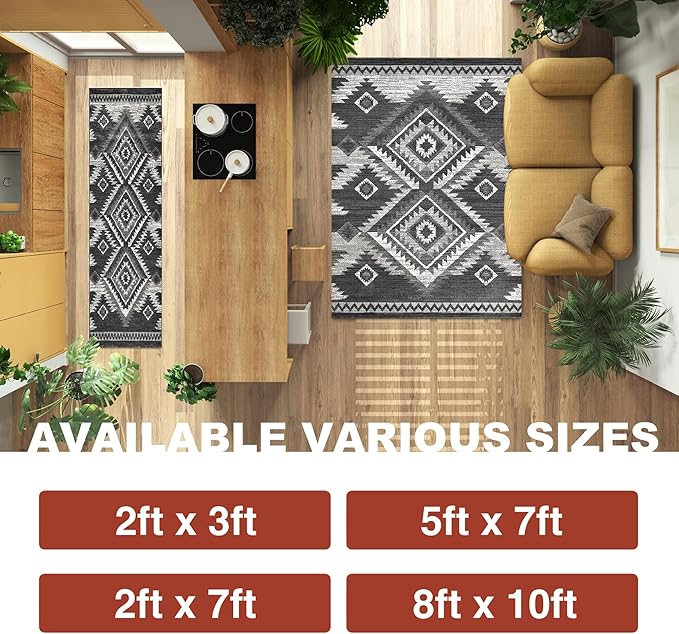 YHSF South West Native American Rug Ritz – Native Tribal American Indian Inspired Rug - Living Room, Bedroom, Hallway, Entryway & High-Traffic Area Rugs - Washable - Soft - Dark Grey, 8 Feet x 10 Feet