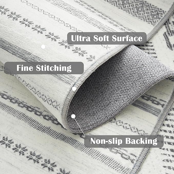jinchan Boho 4x6 Area Rugs - Machine Washable Moroccan Soft Throw Rug Bohemian Ripple Design Non-Slip Neutral Carpet for Bedroom Entryway Living Room Kitchen Dining Room Home Office (4‘x6', Grey)