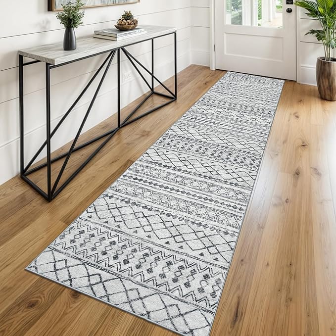 KUTA Boho Runners for Hallways 2x8 Grey Moroccan Washable Runner Rug Non-Slip Vintage Kitchen Rugs Ultra Soft Distressed Geometric Floor Carpet for Bedroom Laundry Living Room