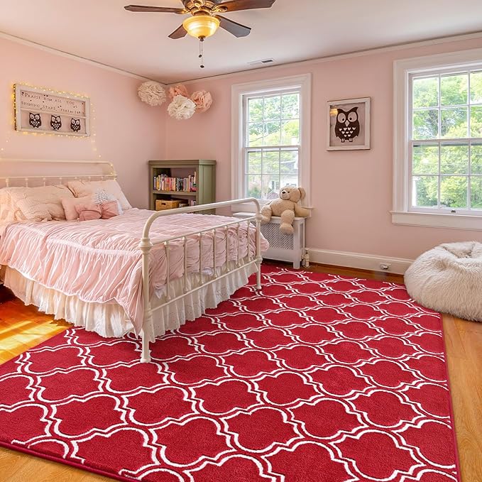 Amearea Fluffy Indoor Area Rug, Soft Trellis Moroccan Rugs for Bedroom, Shag Modern Area Rug for Living Room Kids Room Nursery, Easy Clean, Home Decor Low Pile Carpet, Wine Red 7x10 Feet