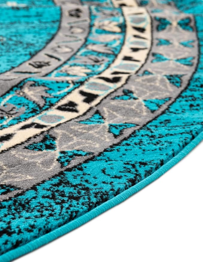 Unique Loom Taftan Collection Border Geometric Tribal Inspired Design Area Rug (8' 0 x 8' 0 Round, Turquoise/ Gray)