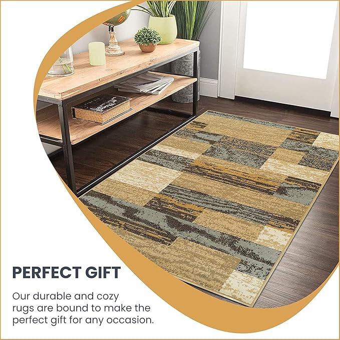 Superior Indoor Area Rug, Jute Backed, Modern Geometric Patchwork Floor Decor for Bedroom, Office, Living Room, Entryway, Hardwood Floors, Rockwood Collection, 3' x 5', Light Blue-Beige