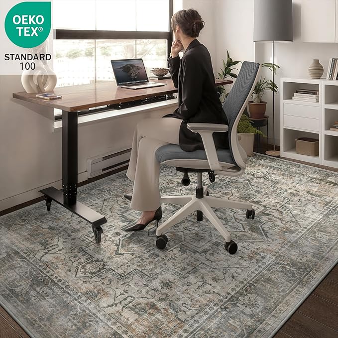 5x7 Machine Washable Area Rug for Living Room, Grey Rusty Boho Vintage Floral Rug Large Non-Slip Low Pile Soft Faux Wool Carpet, Kids and Pets Friendly for Bedroom Dining Room Farmhouse Decor Rug