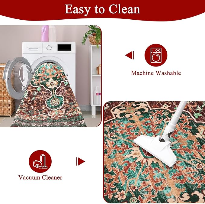 U'Artlines Boho Vintage Area Rug 4x6 ft Machine Washable Low Pile Soft Floor Carpet Non Slip Non Shedding Accent Rug for Living Room Bedroom Entryway Dining Room Office Rust＆Teal