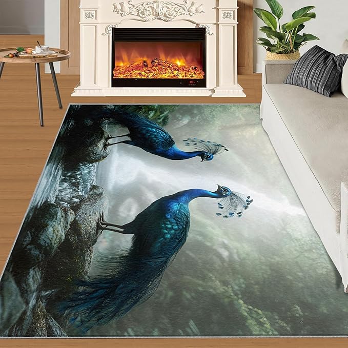 Peacock Rug 4x5-4x5 Rug, Peacock Couples Area Rugs for Bedroom, Nature Waterfall Rugs for Living Room, Animal Bird Washable Mat, Teal Turquoise Carpet - Peafowl Home Decor & Gifts